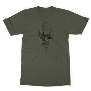 May include: A green t-shirt with a black and white graphic of a fairy flying with wings outstretched under a crescent moon with stars.