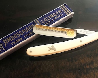 Vintage NOS 5/8 navaja de afeitar Rudolf Frauenzimmer AMBOSSMANN #60 Solingen 1940s-60s