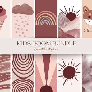 Paquete de habitación para niños, arte de pared imprimible, baby shower, niña niño Regalo Póster imprimible Género Tierra neutral Póster Habitación para niños, shiba Room Wall Art