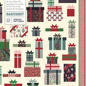 May include: A fabric panel featuring a repeating pattern of stylized gift boxes in various sizes and colors. The boxes are decorated with red, green, and gray ribbons and bows. The text "BOXES & BOWS" and "PAT016" are visible.