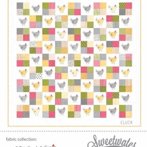 May include: A quilt pattern featuring a repeating design of yellow chicks on a white background with gray, green, pink, and yellow squares. The pattern is called "Spring Chicken" and is part of the "Sweetwater" fabric collection. The quilt measures 62 inches by 62 inches.