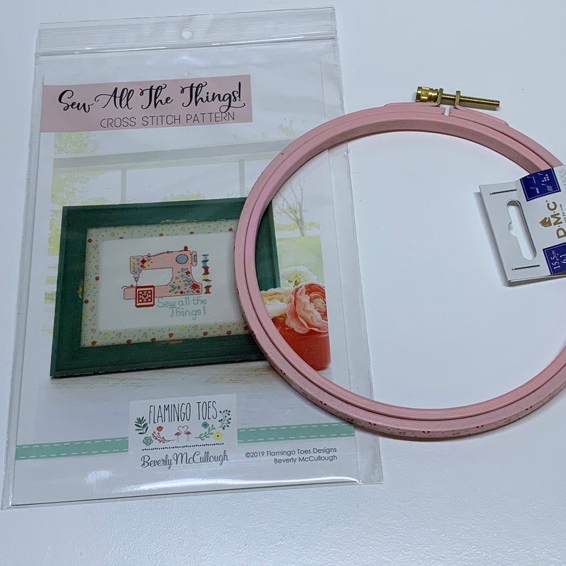 Flamingo Toes and DMC Pink Floral Embroidery Hoop Sew All The Things Cross Stitch Pattern