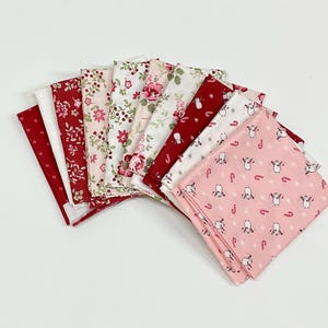 Peut inclure: Un assortiment de carrés de tissu pliés dans divers motifs et couleurs. Les tissus comprennent des imprimés floraux en rouge et rose, un tissu blanc et un tissu rose avec un motif de pingouin et de canne en sucre. Les tissus sont disposés sur une surface blanche.