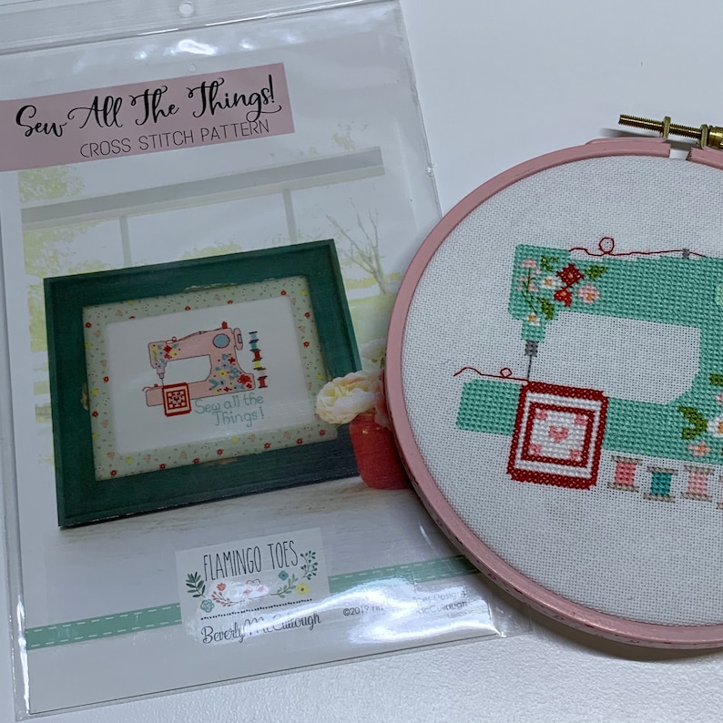 Flamingo Toes and DMC Pink Floral Embroidery Hoop Sew All The Things Cross Stitch Pattern