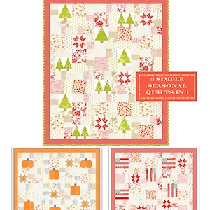 May include: Three quilt patterns for different seasons: a green and red Christmas quilt, an orange and white fall quilt, and a red, white, and blue summer quilt. The text "3 SIMPLE SEASONAL QUILTS IN 1" is on the image.