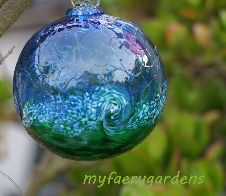 Fairy Gardens Fairy Orb Art Glass blue green swirl garden supply 3 inch glass