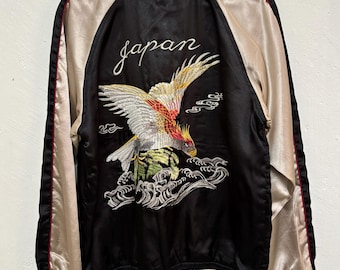 Vintage 90s Japanese Traditional Sukajan Jacket , Hand Embroidered Eagles Satin Bomber Size Large