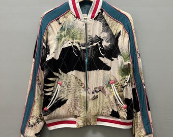 Vintage Rare Japanese Sukajan Jacket / Phoenix Quilted Embroidery Reversible Rayon Crepe / Multicolour / Size Small