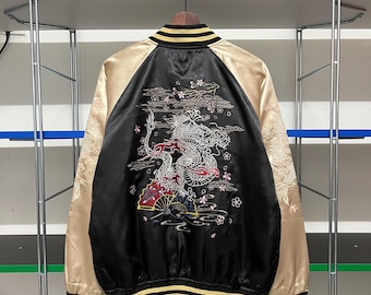 Vintage Sukajan Jacket: Embroidered Dragon, Gold & Black Satin, Size Large