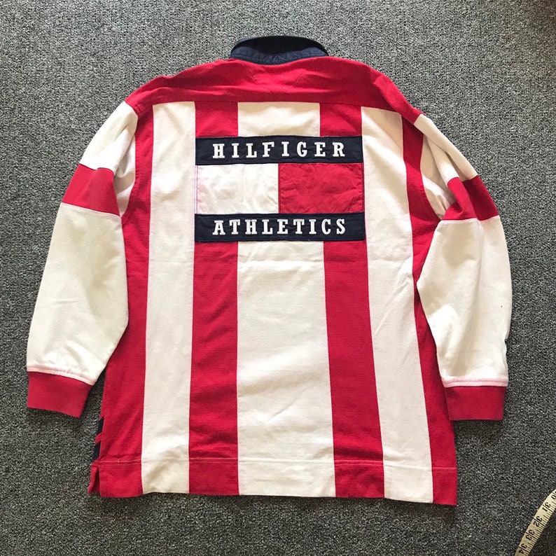 TOMMY HILFIGER Vintage 90s Big Flag Spell out Vertical Stripe Rugby Polo Shirt Size Large Hip Hop Stripe Style