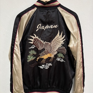 Vintage Sukajan Souvenir Bomber Zipper Jacket Size L Eagle Motive Black Colour Japanese Street Style Satin Jacket