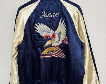 Chaqueta Sukajan vintage con águila americana: fénix, bandera estadounidense, azul rey, grande