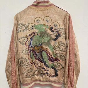 SCRIPT hanatabi gakudan raijin god sukajan souvenir jacket japanese vintage rayon jacquard embroidery reversible in medium pink black colour