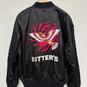 Vintage 80s Sukajan Japan Suntory Bitter&#39;s Red Pheonix Bomber Jacket Hand Embroidery Black Jacket Size X-Large