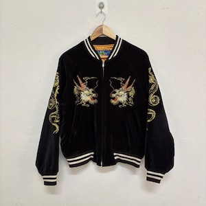 Vintage Hoshihime Japanese Sukajan Souvenir Jacket Sky Dragon rare Black Velvet / Embroidery Bomber Jacket / Size Large