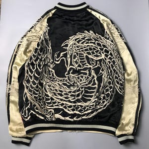 SCRIPT large dragon sukajan souvenir jacket japanese vintage rayon all over embroidery reversible samurai kamon pattern in black gold red