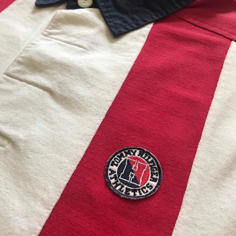 TOMMY HILFIGER Vintage 90s Big Flag Spell out Vertical Stripe Rugby Polo Shirt Size Large  Hip Hop Stripe Style