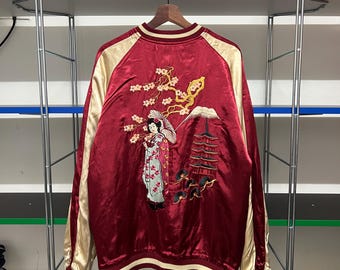 Chaqueta reversible vintage japonesa Sukajan Souvenir, geisha bordada, bomber de rayón, talla XL