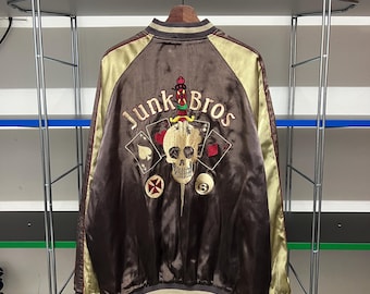 Vintage 90s Japanese Sukajan Souvenir Jacket, Junk Bros Skull Embroidery Rayon Bomber size XL
