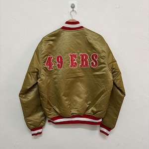 Vintage 90s San Francisco 49ers varsity bomber jacket size large gold red satin patches snap button nfl jacket
