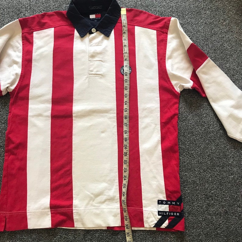 TOMMY HILFIGER Vintage 90s Big Flag Spell out Vertical Stripe Rugby Polo Shirt Size Large Hip Hop Stripe Style