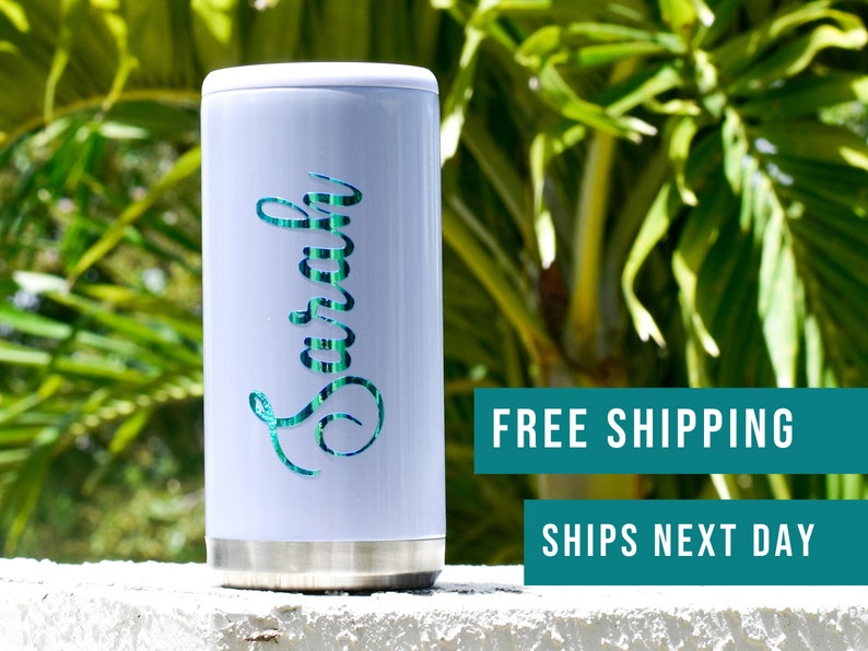 Personalized Can Cooler, Slim Can Cozie Personalized, Skinny Can Coolers, Seltzer Can Holder, Stainless Steel Insulated Cooler Gift for Her image 1