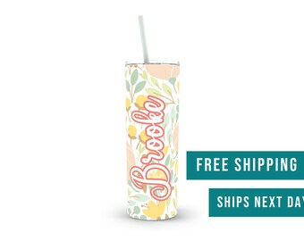 Flower Personalized Stainless Steel Tumbler with Straw, Bridesmaid Gift, Gift for Bridesmaids, Gift Ideas, Personalized tumbler, Name Cup