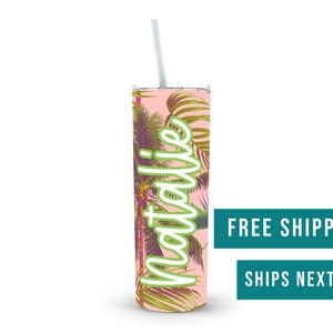 Pink Palms 20oz Personalized Skinny Tumbler, Bachelorette Party Tropical, Girl Trip Vacation Cup, Stainless Steel Tumbler, Tumble with lid image 1