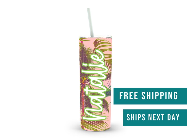 Pink Palms 20oz Personalized Skinny Tumbler, Bachelorette Party Tropical, Girl Trip Vacation Cup, Stainless Steel Tumbler, Tumble with lid image 1