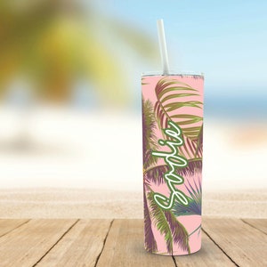 Pink Palms 20oz Personalized Skinny Tumbler, Bachelorette Party Tropical, Girl Trip Vacation Cup, Stainless Steel Tumbler, Tumble with lid image 2