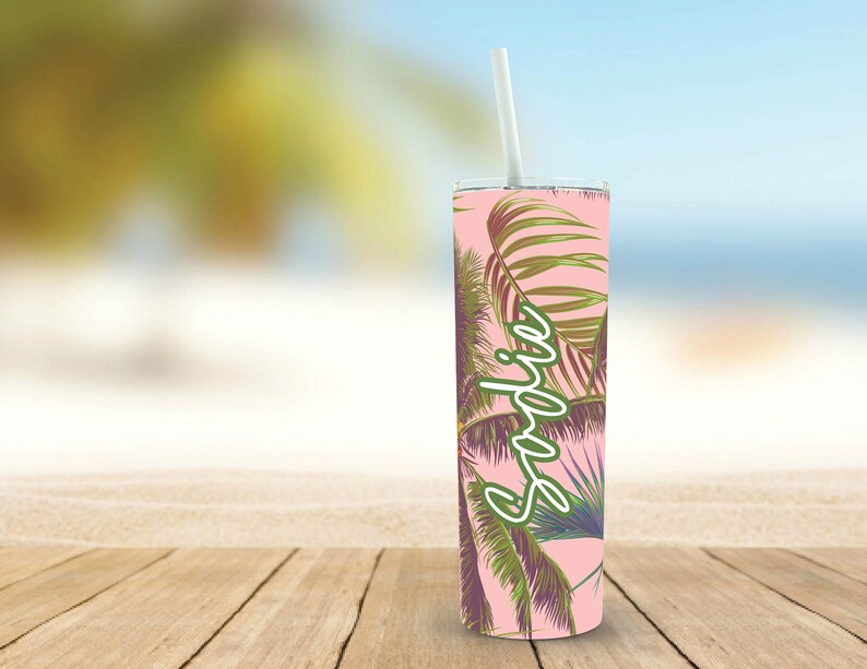 Pink Palms 20oz Personalized Skinny Tumbler, Bachelorette Party Tropical, Girl Trip Vacation Cup, Stainless Steel Tumbler, Tumble with lid image 2