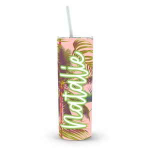 Pink Palms 20oz Personalized Skinny Tumbler, Bachelorette Party Tropical, Girl Trip Vacation Cup, Stainless Steel Tumbler, Tumble with lid image 4
