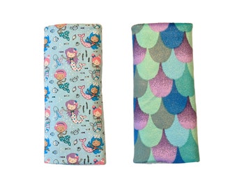 Mermaid car seat strap covers - flannel & reversible plushy minky. Stroller strap covers.