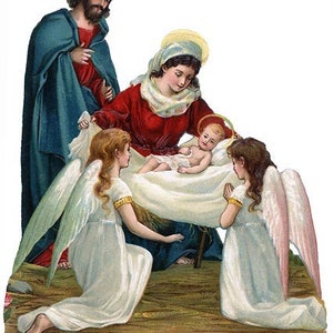 Puede incluir: Una ilustración religiosa que muestra a una figura central con túnica roja sosteniendo a un bebé sobre una tela blanca, con una figura de pie con capa azul detrás y dos ángeles arrodillados con alas blancas a ambos lados del infante.