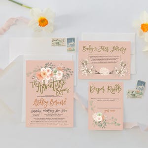 Suite di invito per baby shower floreale ad acquerello, fai da te, rustico, Boho, Paese, personalizzato, fogliame, bouquet, lotteria per doccia, carta della biblioteca della doccia