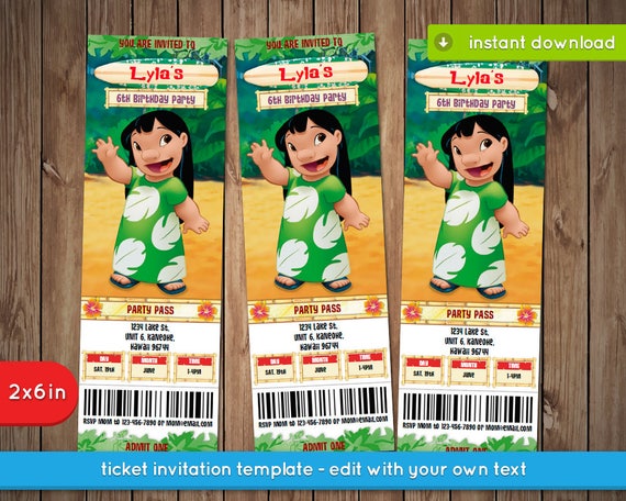 Lilo And Stitch Invitation Printable Ticket Invite Etsy