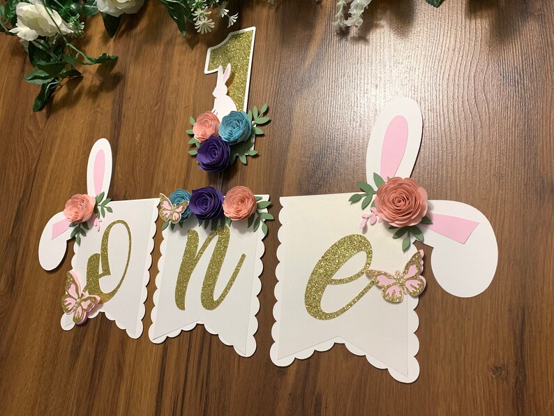 Some bunny is one bunny one Bunny one high chair banner Bunny floral banner 1st birthday Bunny theme Some Bunny is One Highchair Banner