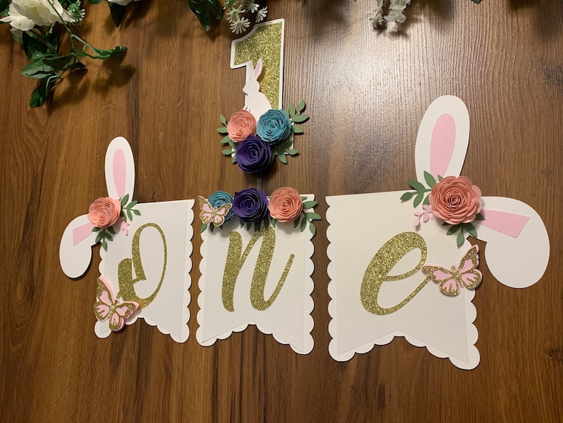 Some bunny is one bunny one Bunny one high chair banner Bunny floral banner 1st birthday Bunny theme Some Bunny is One Highchair Banner