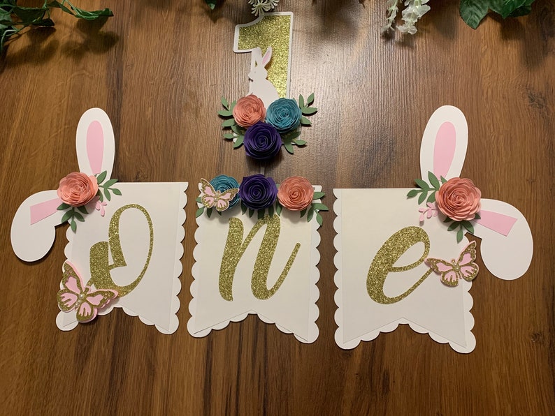 Some bunny is one bunny one Bunny one high chair banner Bunny floral banner 1st birthday Bunny theme Some Bunny is One Highchair Banner