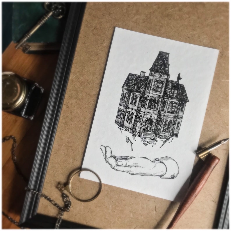 May include: Black and white illustration of a haunted house with a hand reaching up to catch it. The house is falling apart and has many windows. The hand is detailed and has long fingers.