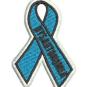 Pode incluir: Fita azul de conscientização com contorno branco e o texto "Disautonomia" em preto.