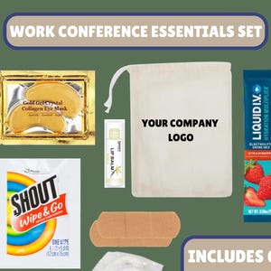 May include: A work conference essentials set with six items. The set includes a white drawstring bag with the text "YOUR COMPANY LOGO", a gold eye mask, a lip balm, a stain remover wipe, two bandages, and a strawberry-flavored electrolyte drink mix.
