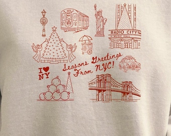 NYC Christmas Sweatshirt: Rockefeller Tree, Radio City, Statue of Liberty