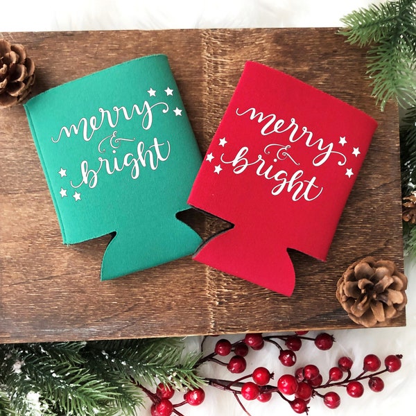 Merry & Bright Christmas Koozie: Can Cooler, Red and Green Drink/ Beer Holders, Holiday Can Coolers, Merry and Bright