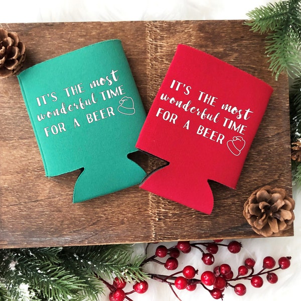 Most Wonderful Time For A Beer Christmas Koozie: Can Cooler, Red and Green Drink/ Beer Holders, Holiday Can Coolers