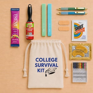 May include: A beige drawstring bag with the text COLLEGE SURVIVAL KIT and a graduation cap icon. Surrounding items include a Trevi drink mix packet, a Scotch-Brite lint roller, two markers, two pens, two adhesive bandages, a Shout wipe, eye masks, and needles.