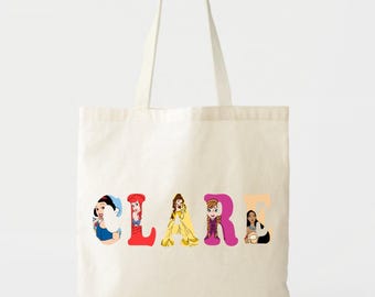 Custom Princess Name Tote Bag: Children's Cotton Favor Bag, Princess Bag, Toddler Princess Goodie Bag