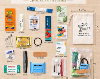 May include: A fully custom recovery kit featuring various items including sunscreen, lip balm, ear plugs, electrolyte powder, tea tree face wipe, stain remover, safety pins, eye mask, hair tie, sanitizer, dental floss, comb, bandage, makeup wipe, and a drawstring bag.