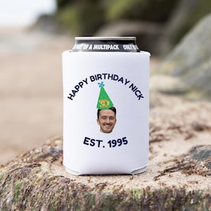Custom Face Party Hat Birthday Koozies: Birthday Can Cooler, Slim Can Birthday Koozies, Personalized Birthday Koozie, Party Hat Koozie