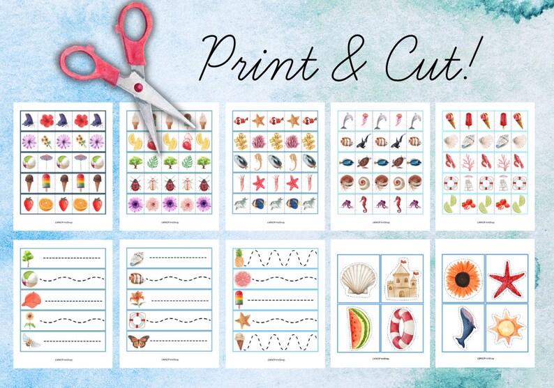 May include: Printable summer-themed activity sheets for kids. The sheets include matching games, tracing lines, and cut-and-paste activities featuring images of ice cream, seashells, flowers, and more. The text "Print & Cut!" is at the top of the page.